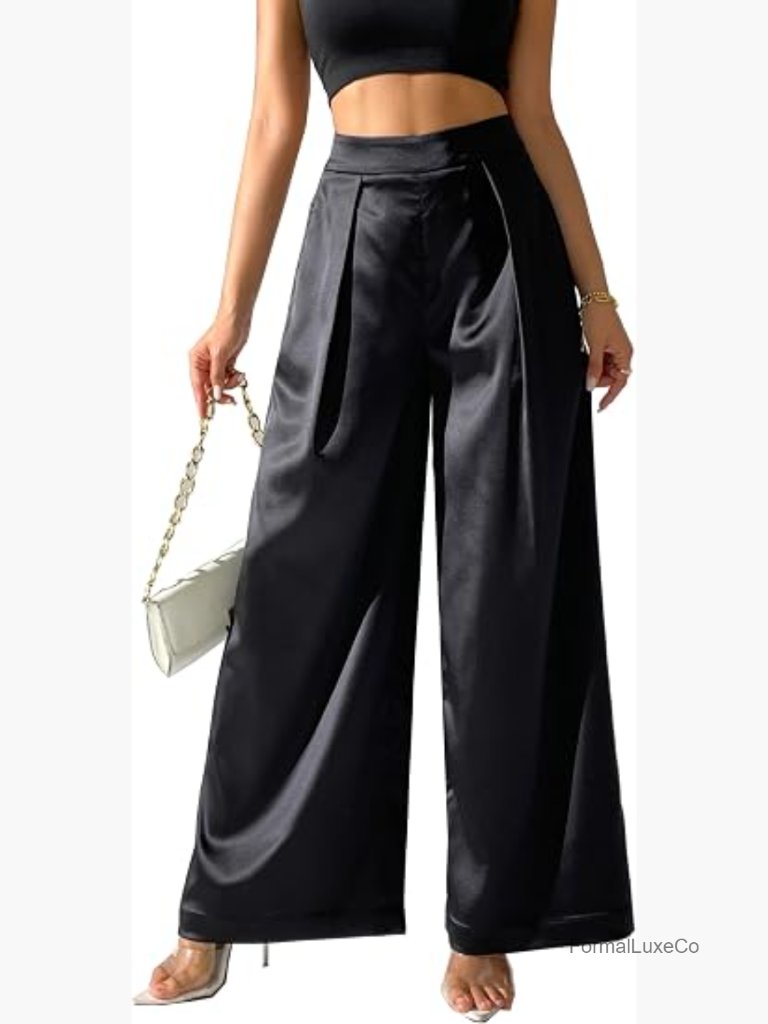 Satin Wide Leg Palazzo Pants High Waist Pull On Trousers